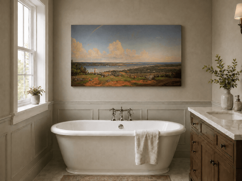 Landscape Oil Painting - Coastal Vista with Rainbow and Town