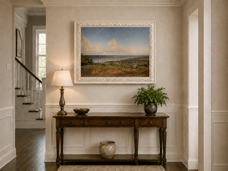 Landscape Oil Painting - Coastal Vista with Rainbow and Town