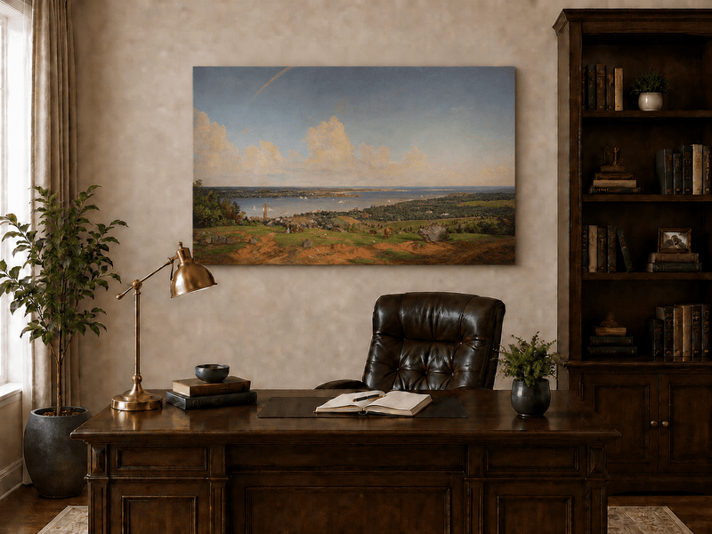 Landscape Oil Painting - Coastal Vista with Rainbow and Town