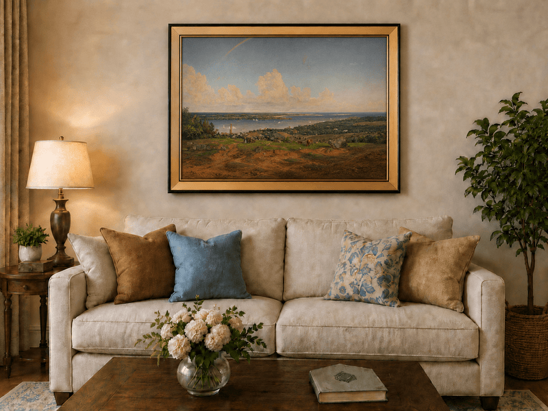 Landscape Oil Painting - Coastal Vista with Rainbow and Town
