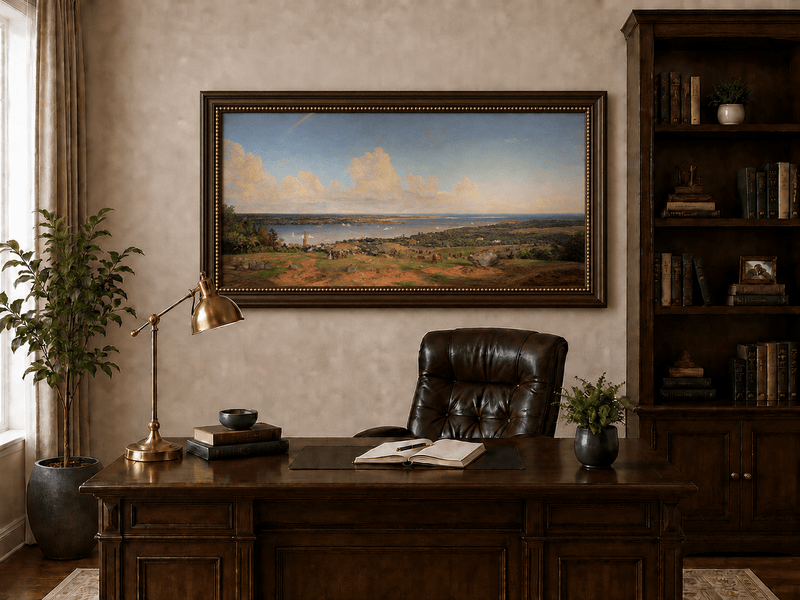Landscape Oil Painting - Coastal Vista with Rainbow and Town