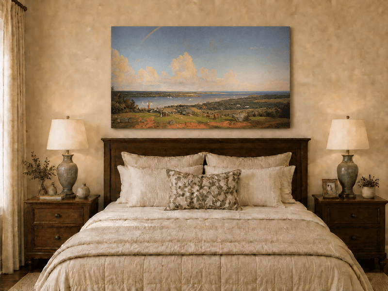 Landscape Oil Painting - Coastal Vista with Rainbow and Town
