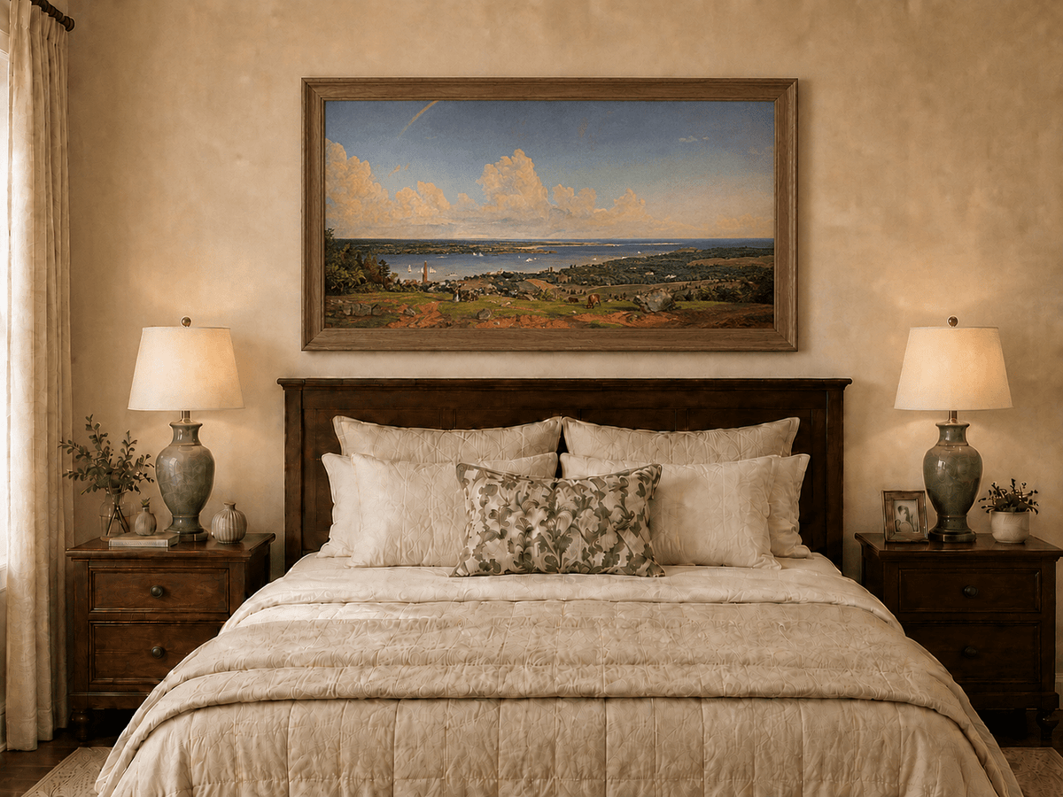 Landscape Oil Painting - Coastal Vista with Rainbow and Town