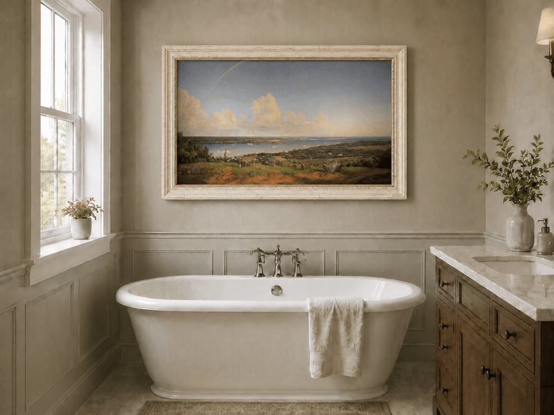 Landscape Oil Painting - Coastal Vista with Rainbow and Town