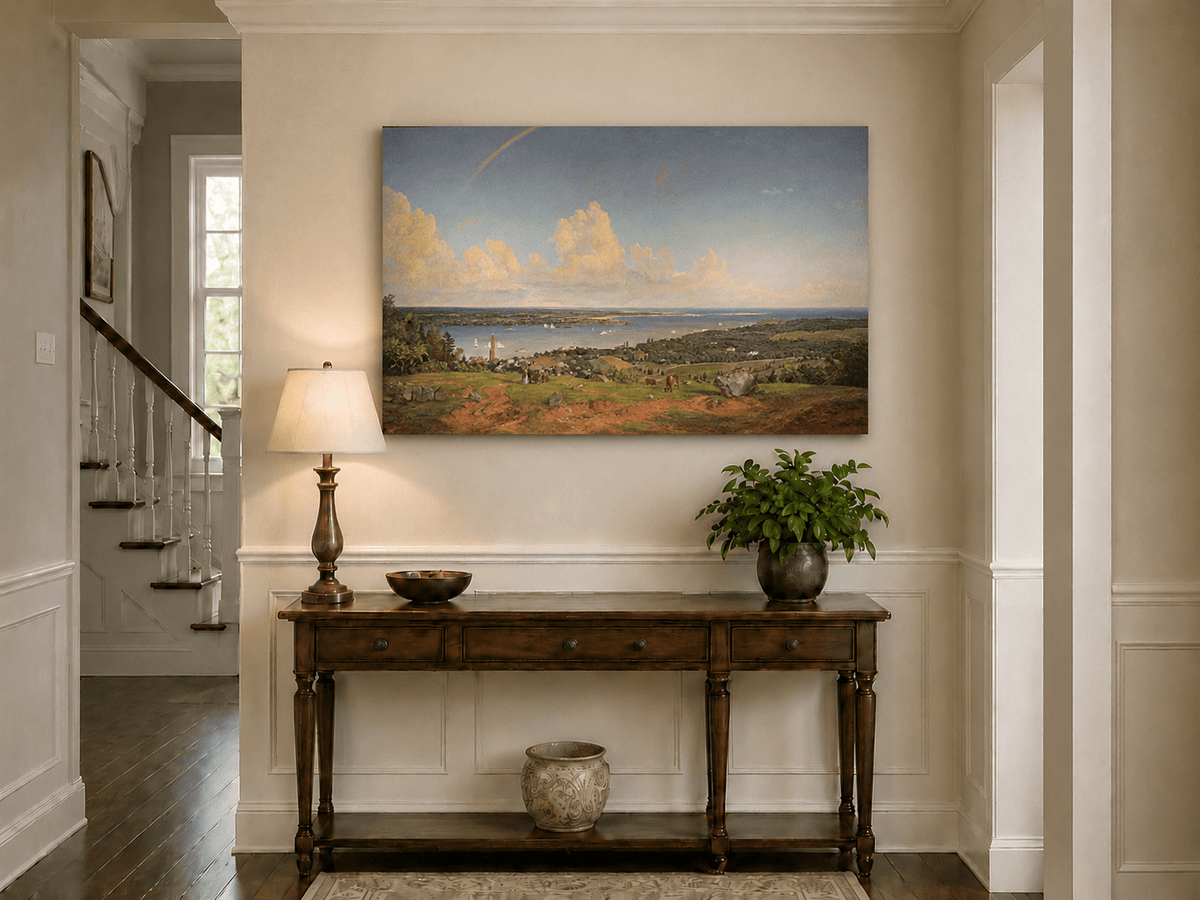 Landscape Oil Painting - Coastal Vista with Rainbow and Town