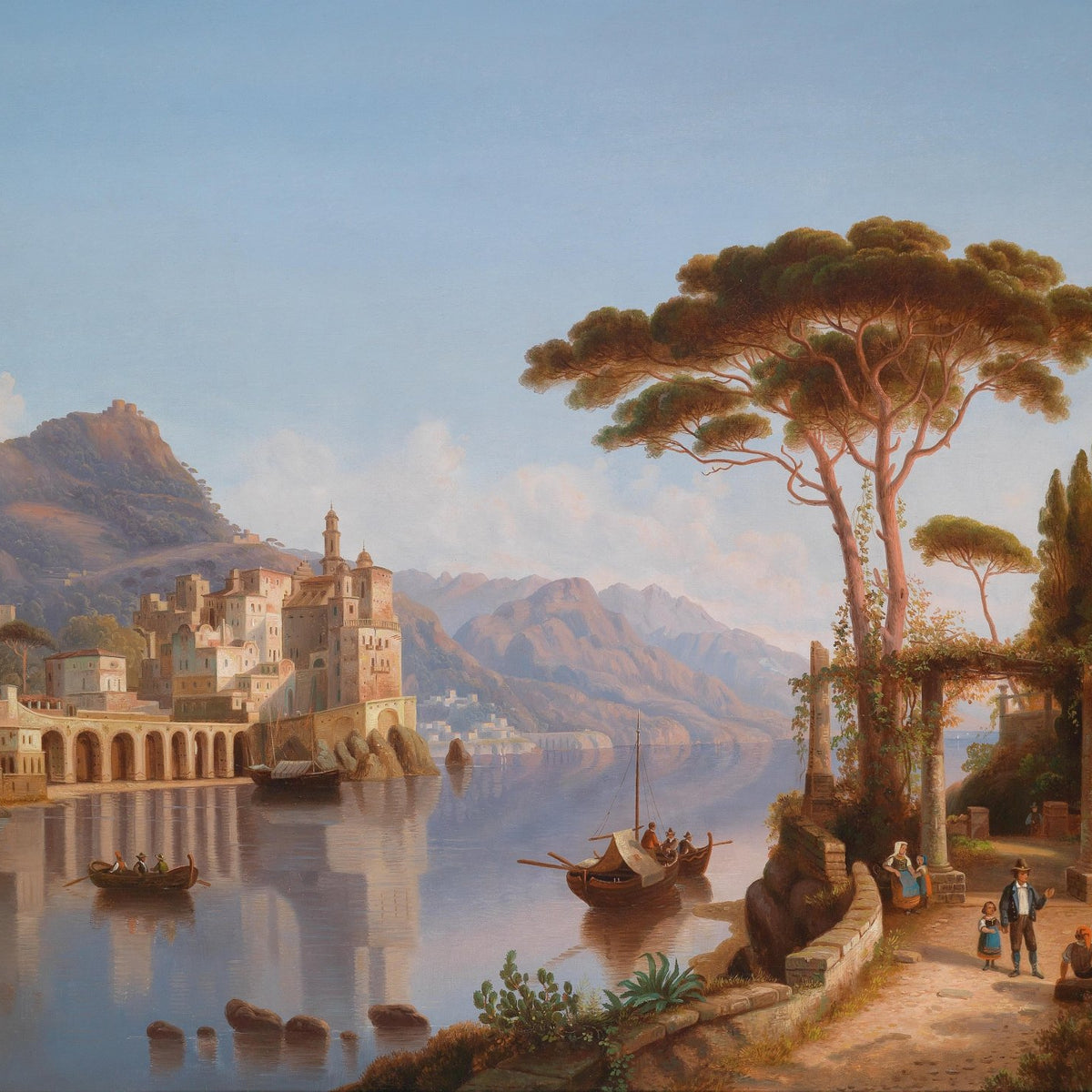 Landscape Oil Painting - Coastal Waterfront Town & Mediterranean Pines - Oil Painting Haven