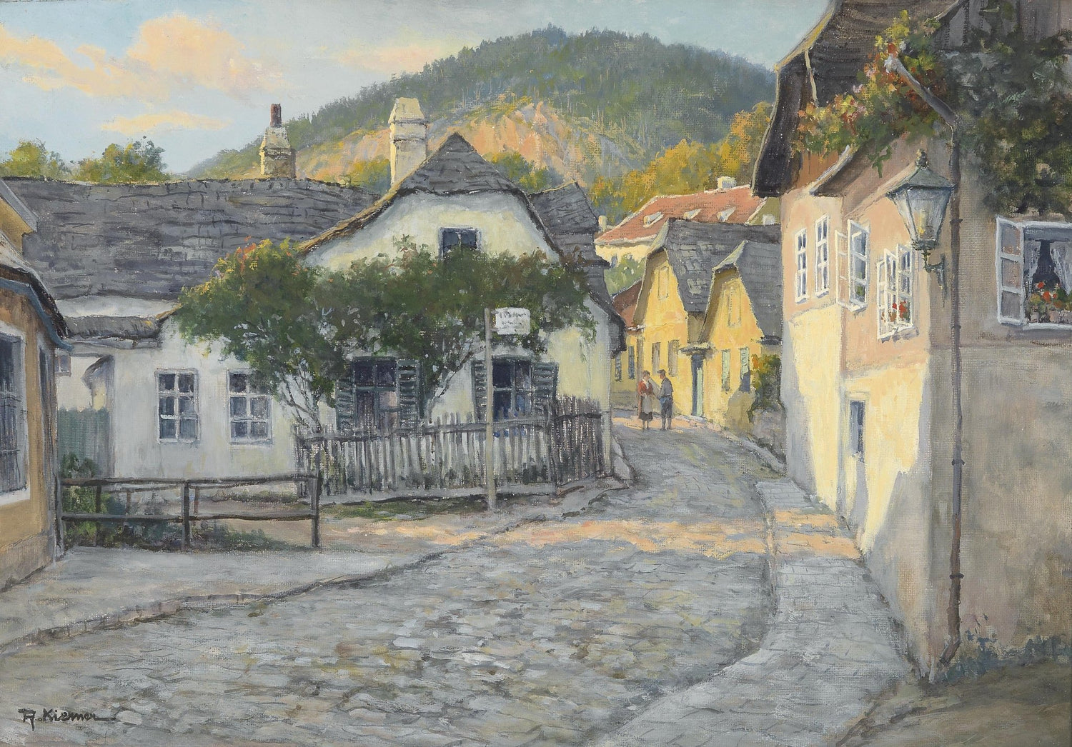 Landscape Oil Painting - Cobblestone Village Street & Colored Cottages - Oil Painting Haven