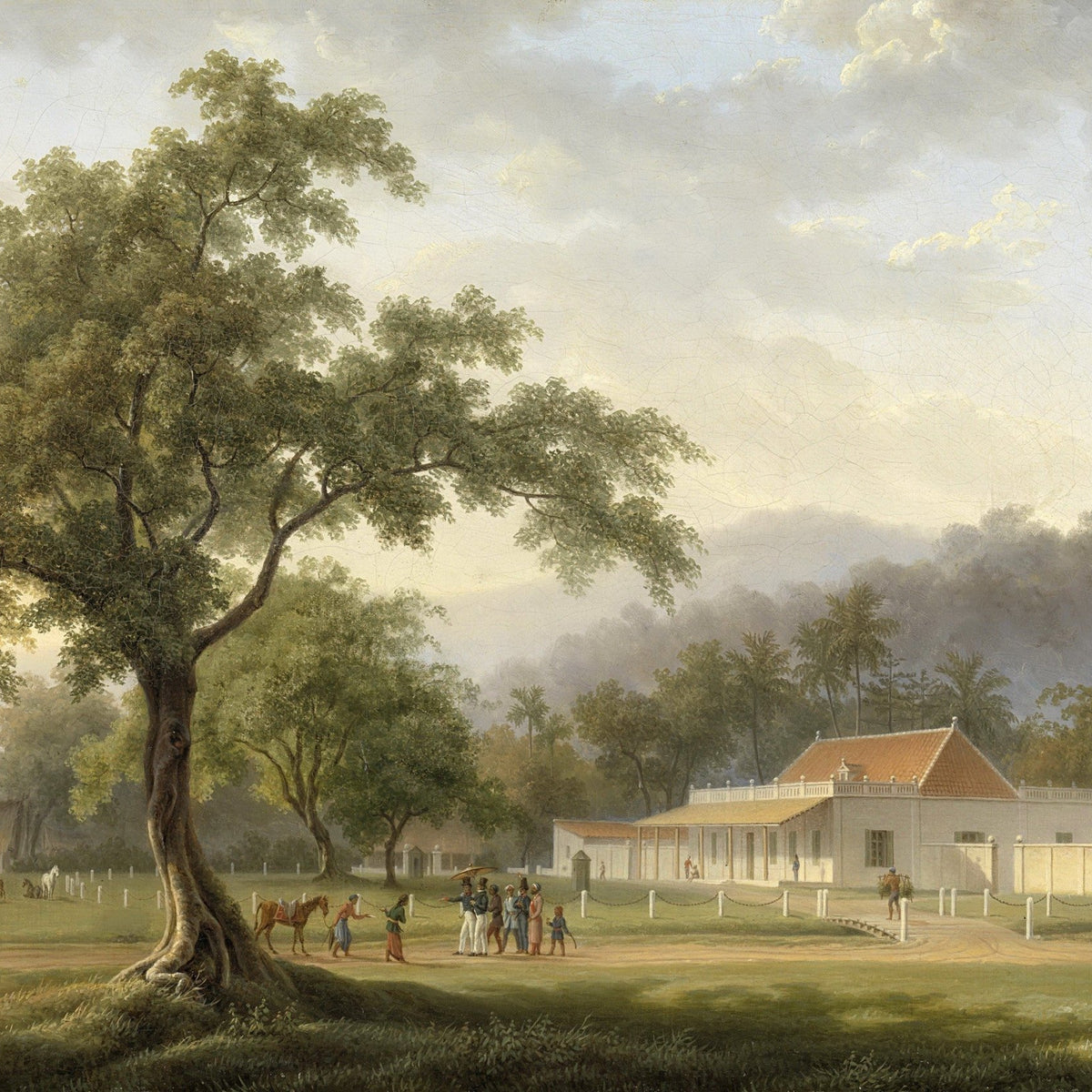 Landscape Oil Painting - Colonial Estate with Figures and Trees - Oil Painting Haven