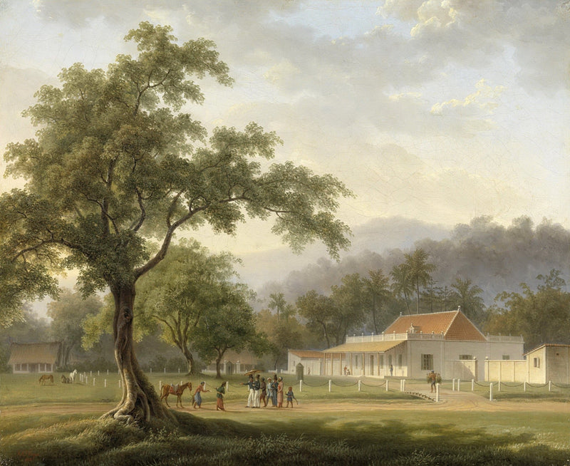 Landscape Oil Painting - Colonial Estate with Figures and Trees - Oil Painting Haven