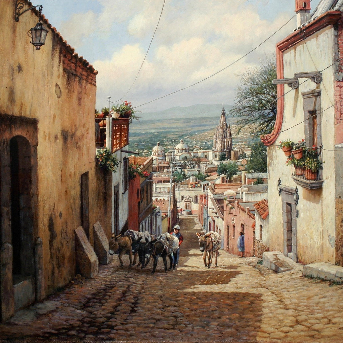Landscape Oil Painting - Colonial Street View with Donkeys - Oil Painting Haven