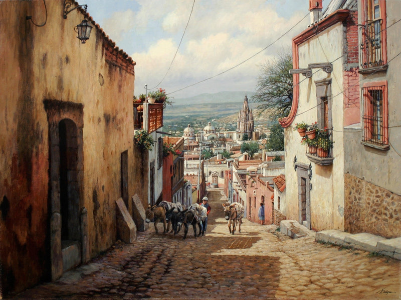 Landscape Oil Painting - Colonial Street View with Donkeys - Oil Painting Haven