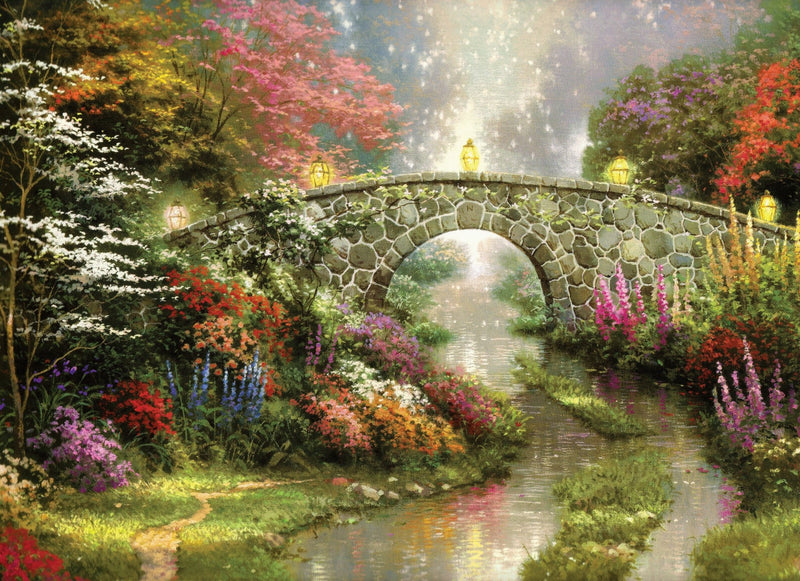 Landscape Oil Painting - Colorful Blossom Garden With Stone Bridge - Oil Painting Haven