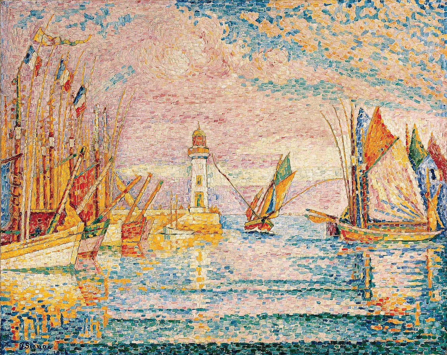 Colorful harbor landscape oil painting on canvas with lighthouse, boats, and textured brushwork. - Add Frame, Boat, Canvas, Coastal, Hand Painted, Harbor, Landscape, Made To Order, Oil Painting, Seascape
