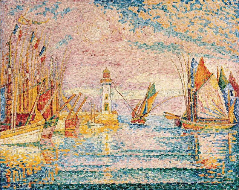 Colorful harbor landscape oil painting on canvas with lighthouse, boats, and textured brushwork. - Add Frame, Boat, Canvas, Coastal, Hand Painted, Harbor, Landscape, Made To Order, Oil Painting, Seascape