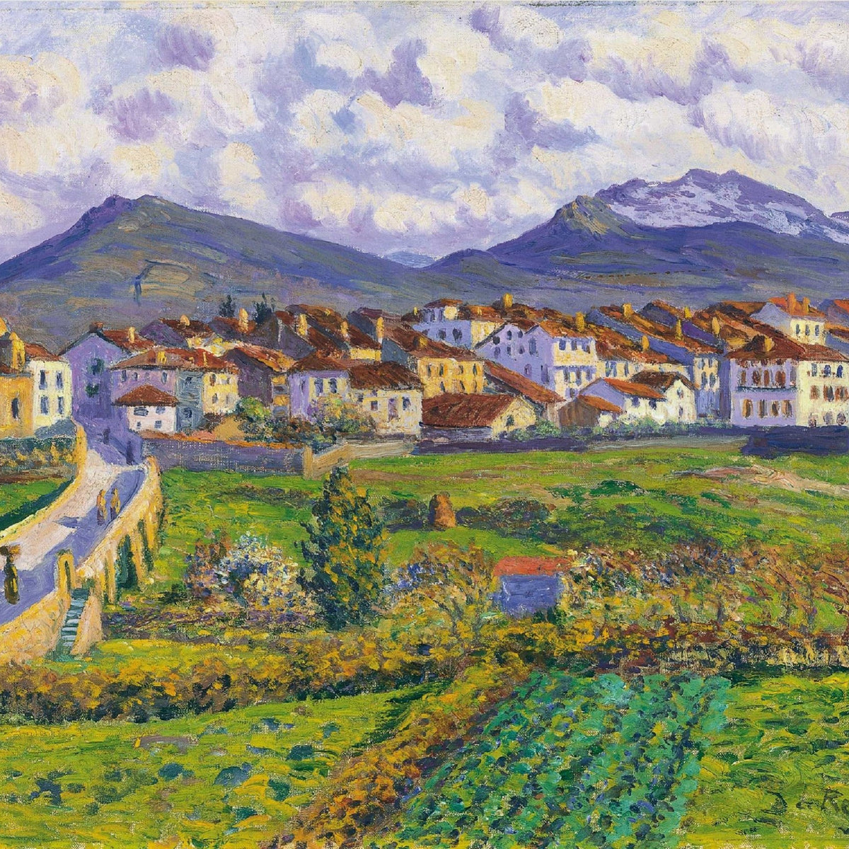 Landscape oil painting of a colorful village with mountains, hand painted oil on canvas with textured brushwork and vibrant. - Add Frame, Canvas, Field, Hand Painted, Landscape, Made To Order, Mountain, Oil Painting, Village