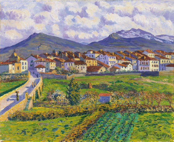 Landscape oil painting of a colorful village with mountains, hand painted oil on canvas with textured brushwork and vibrant. - Add Frame, Canvas, Field, Hand Painted, Landscape, Made To Order, Mountain, Oil Painting, Village