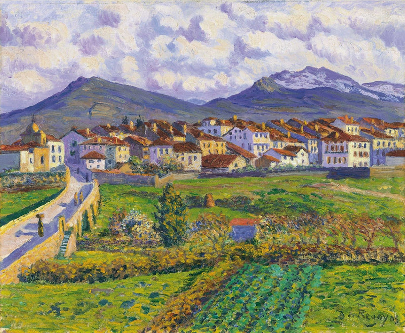 Landscape oil painting of a colorful village with mountains, hand painted oil on canvas with textured brushwork and vibrant. - Add Frame, Canvas, Field, Hand Painted, Landscape, Made To Order, Mountain, Oil Painting, Village