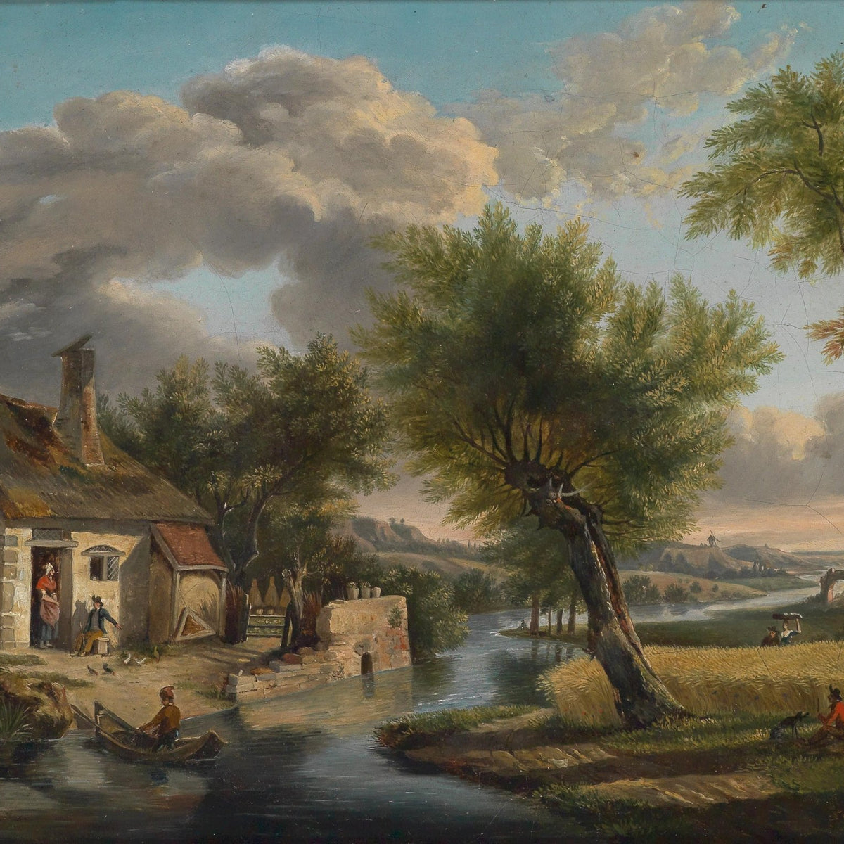 Landscape Oil Painting - Cottage by Canal & Rural River Valley Scene - Oil Painting Haven