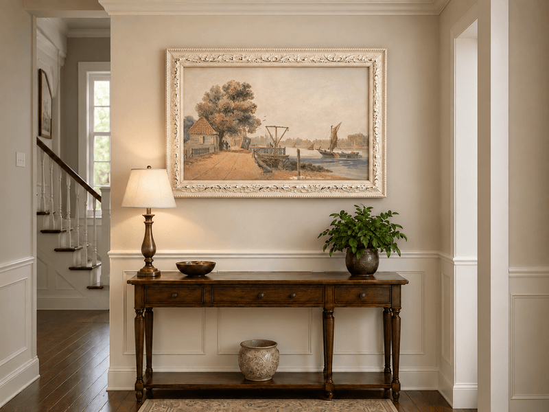 Landscape Oil Painting - Cottage by the River with Sailboats