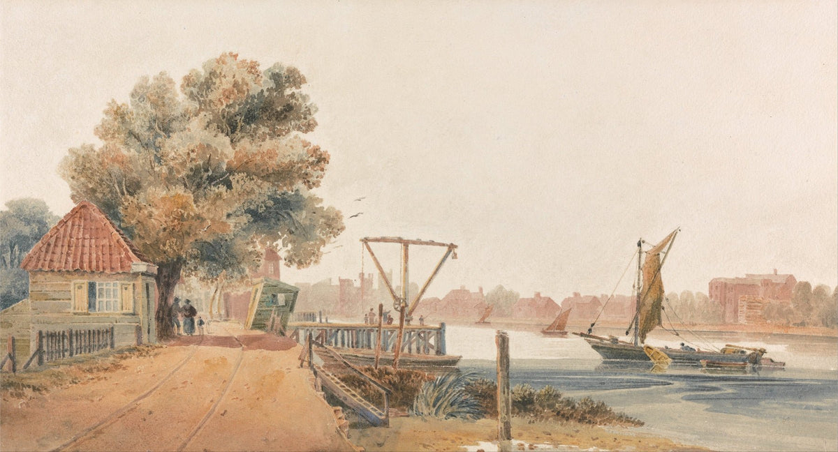 Hand-painted cottage by the river with sailboats landscape oil painting on canvas