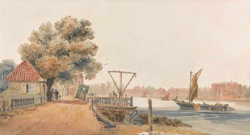 Hand-painted cottage by the river with sailboats landscape oil painting on canvas