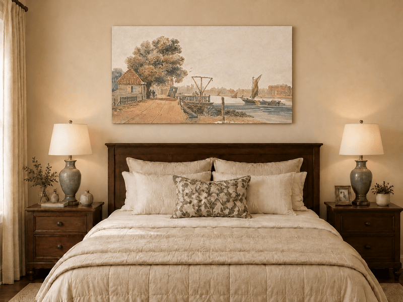 Landscape Oil Painting - Cottage by the River with Sailboats