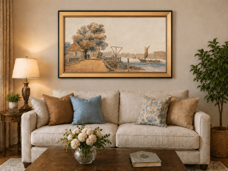 Landscape Oil Painting - Cottage by the River with Sailboats