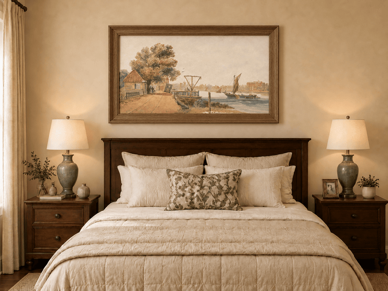 Landscape Oil Painting - Cottage by the River with Sailboats