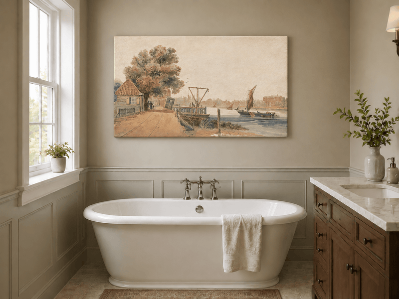 Landscape Oil Painting - Cottage by the River with Sailboats