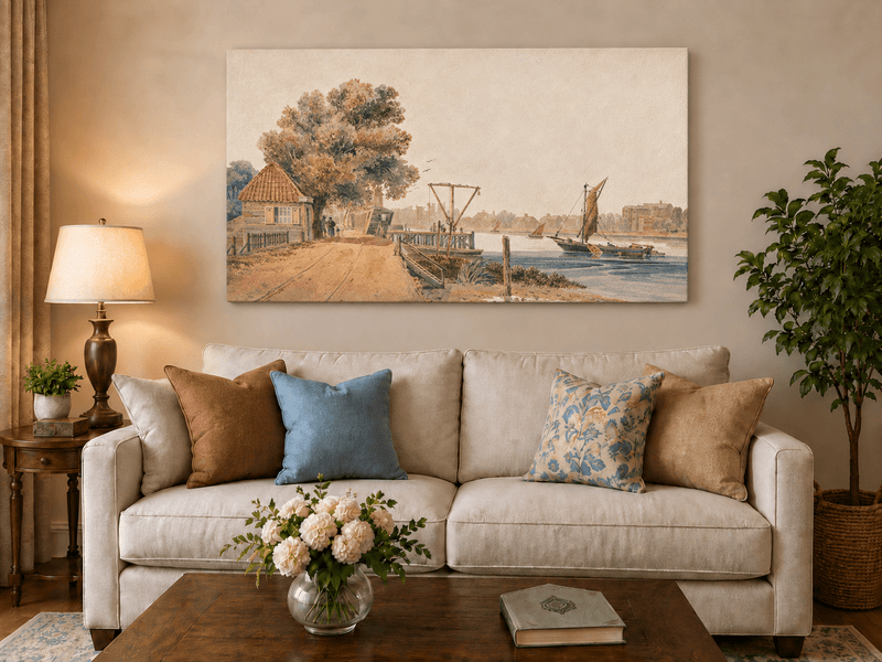 Landscape Oil Painting - Cottage by the River with Sailboats