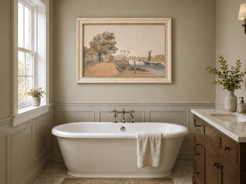 Landscape Oil Painting - Cottage by the River with Sailboats