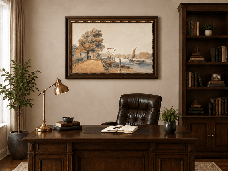 Landscape Oil Painting - Cottage by the River with Sailboats