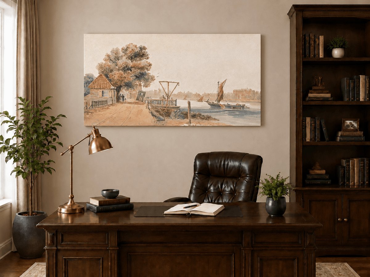 Landscape Oil Painting - Cottage by the River with Sailboats