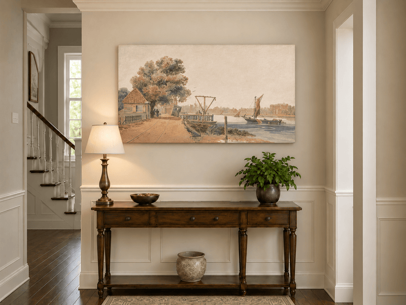 Landscape Oil Painting - Cottage by the River with Sailboats