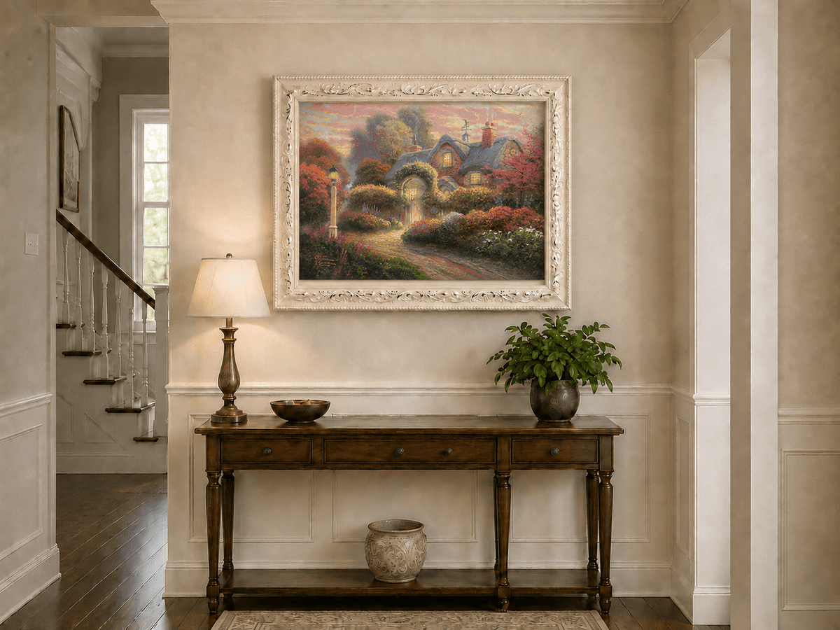 Landscape Oil Painting - Cottage in Flower Garden at Dusk