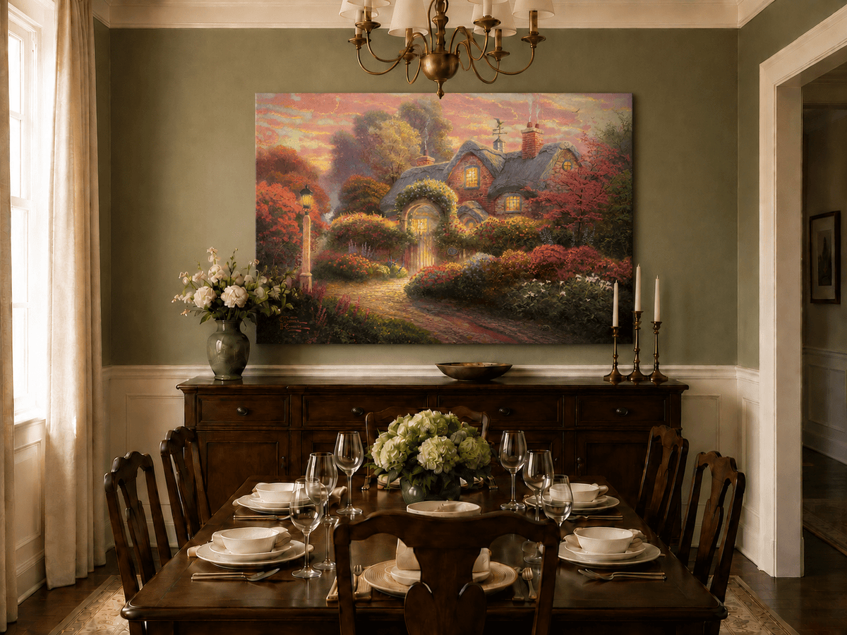 Landscape Oil Painting - Cottage in Flower Garden at Dusk
