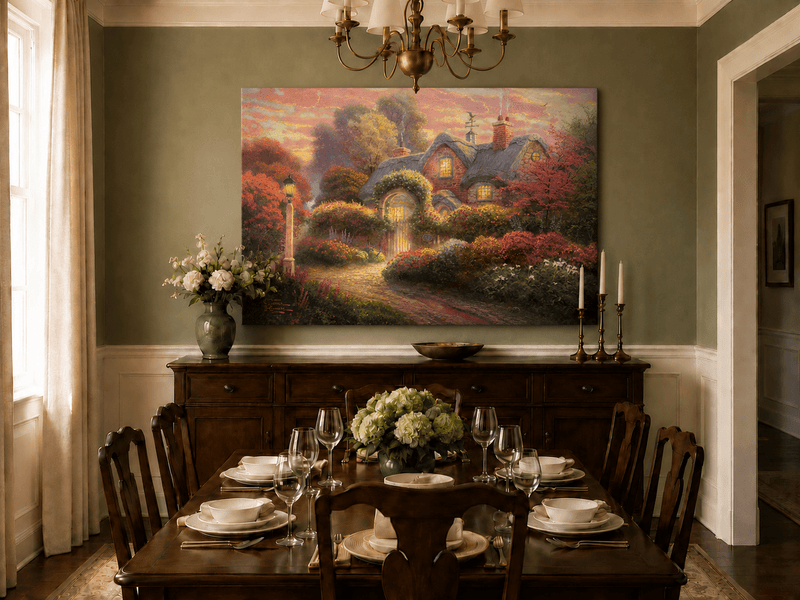 Landscape Oil Painting - Cottage in Flower Garden at Dusk