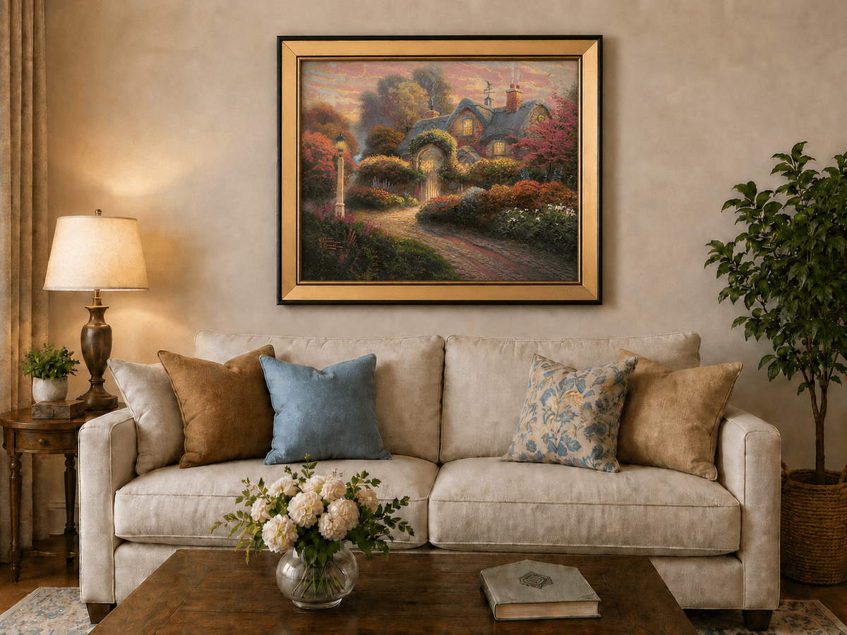 Landscape Oil Painting - Cottage in Flower Garden at Dusk