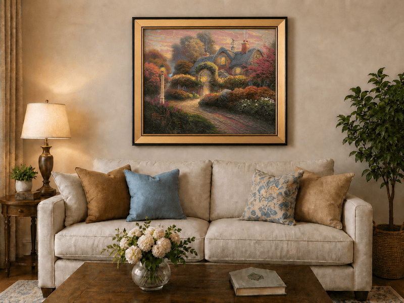 Landscape Oil Painting - Cottage in Flower Garden at Dusk