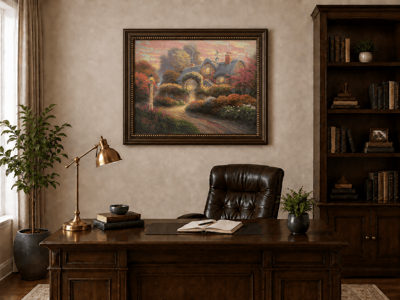 Landscape Oil Painting - Cottage in Flower Garden at Dusk