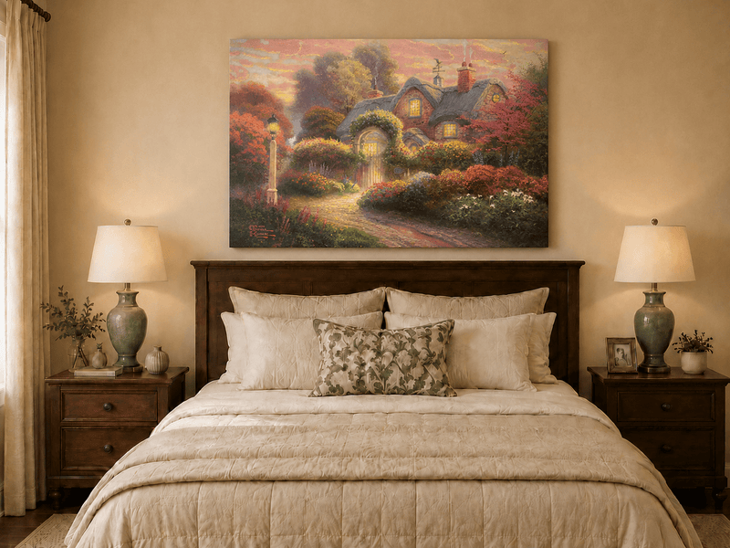 Landscape Oil Painting - Cottage in Flower Garden at Dusk