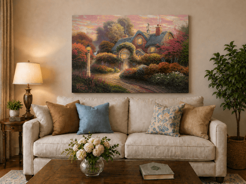 Landscape Oil Painting - Cottage in Flower Garden at Dusk