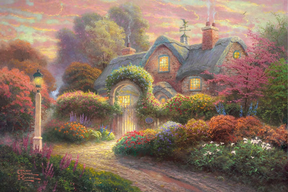 Landscape Oil Painting - Cottage in Flower Garden at Dusk - Oil Painting Haven