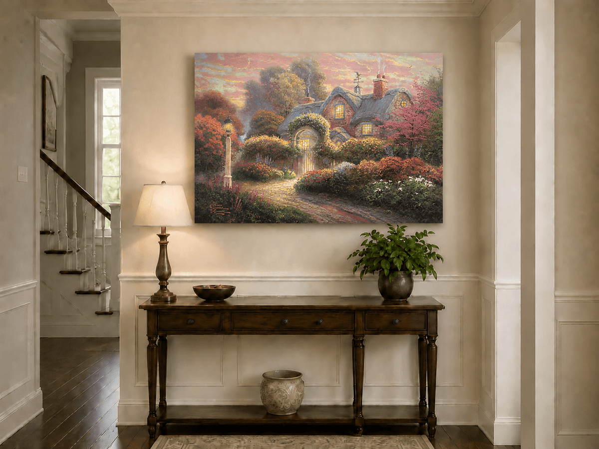 Landscape Oil Painting - Cottage in Flower Garden at Dusk