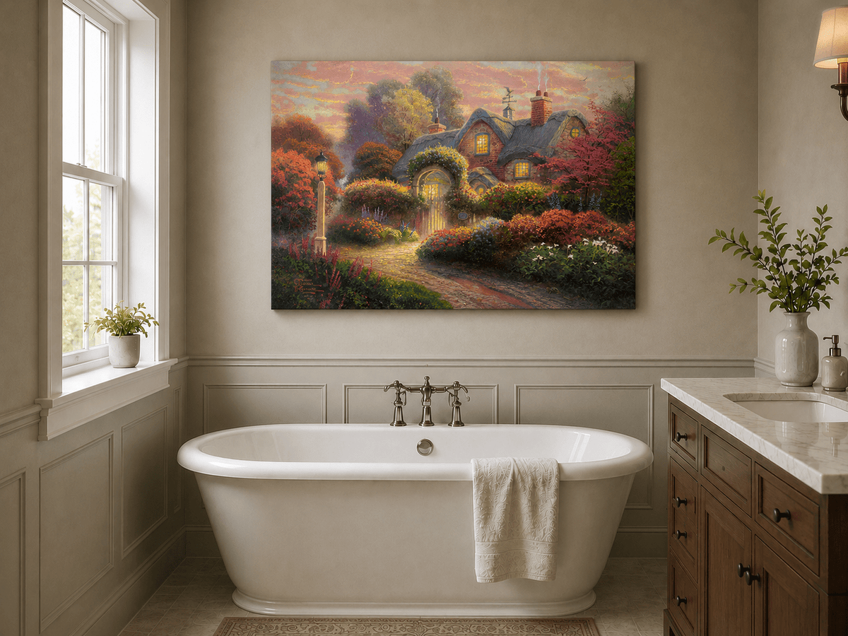 Landscape Oil Painting - Cottage in Flower Garden at Dusk
