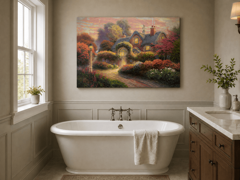 Landscape Oil Painting - Cottage in Flower Garden at Dusk