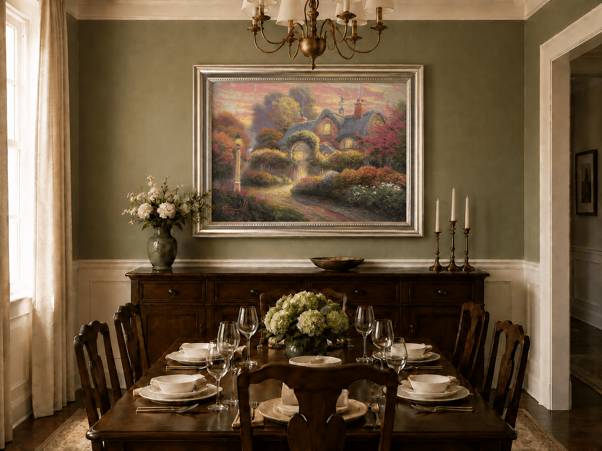 Landscape Oil Painting - Cottage in Flower Garden at Dusk