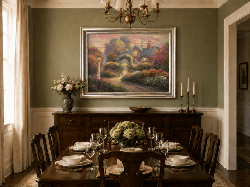 Landscape Oil Painting - Cottage in Flower Garden at Dusk