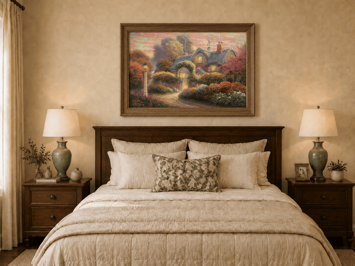 Landscape Oil Painting - Cottage in Flower Garden at Dusk