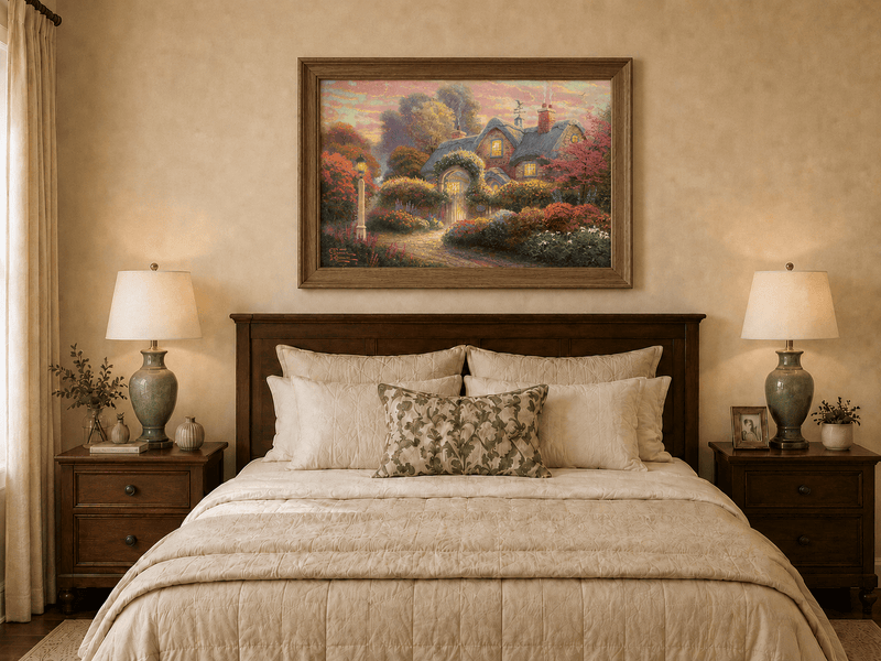 Landscape Oil Painting - Cottage in Flower Garden at Dusk